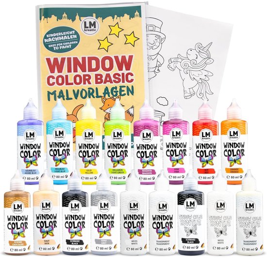 Veertien flessen LM Window Color in diverse felle kleuren, plus contourverf, met sjablonen.