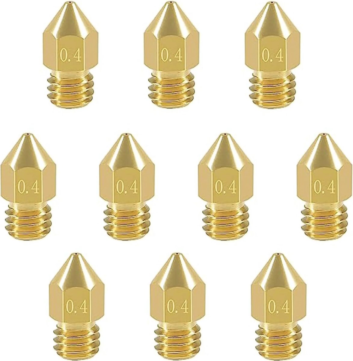 10 messing nozzles, 0,4 mm, geschikt voor MK8 3D-printers.