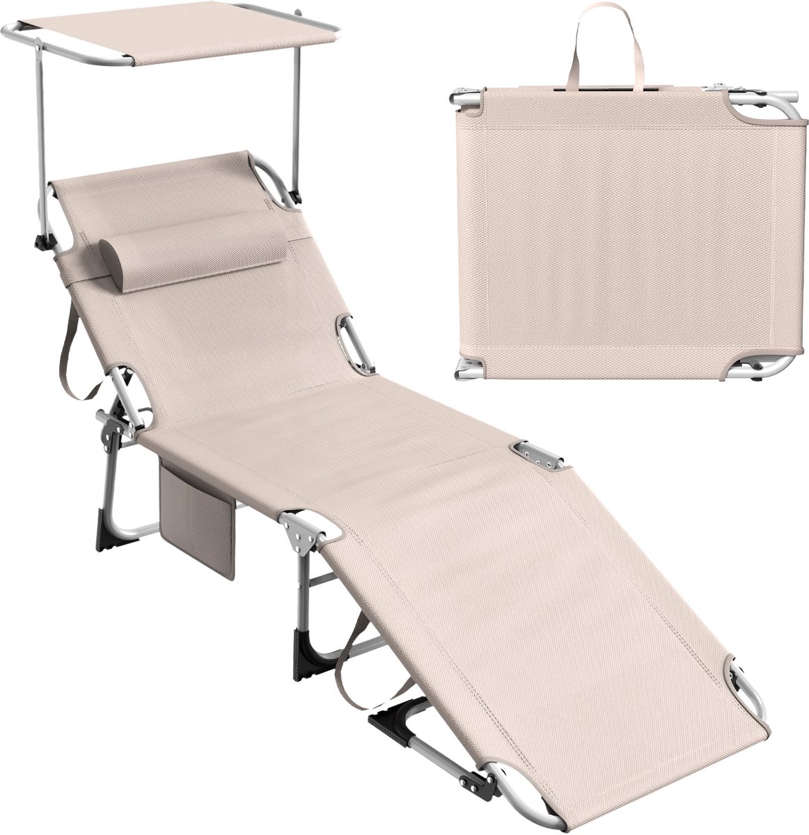 Soontrans - Strand Ligstoel Opvouwbaar - Zonnebed In 4 Standen Verstelbare Rugleuning - Ligbed Met Hoofdsteun - Ligstoel Met Gezichtsopening - Tuinligstoel Inclusief Zijvakken - Draagbare Strandligstoel - Ligstoel met Zonneluifel - Kaki