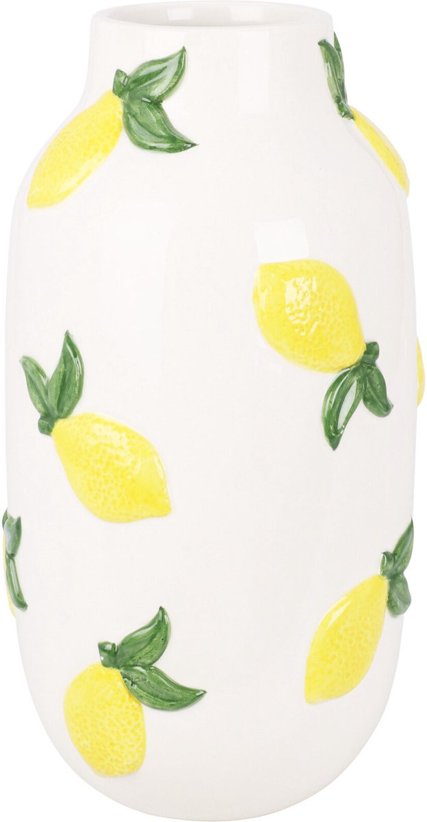 Home & Styling Bloemenvaas citroenen - wit - keramiek - D16 x H30 cm - fruitvaas citroen patroon