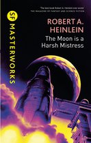 Boek 'The Moon Is A Harsh Mistress' van Robert A. Heinlein met een raket en een maan.
