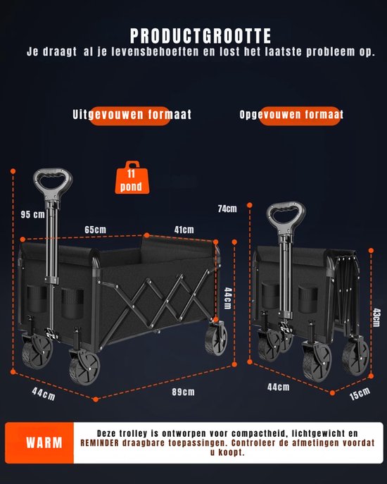 SVN® Bolderkap Opvouwbaar Luchtbanden - Bolderkar - Bolderkar Opvouwbaar - Zwart - 75cm x 44cm x 95cm van Merkloos — afbeelding 2