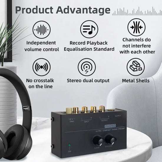 Delmark Phono Preamp - Voorversterker voor Platenspelers - RCA uitgang - RIAA Equalisatie - Met Volume- & Level-control — afbeelding 4