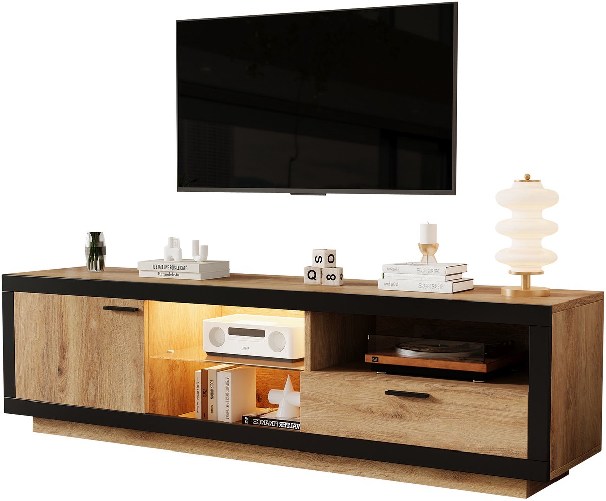Wishdor TV-Meubel - RGB-Verlichting En Opbergruimte - Modern - Voor Woonkamer - Spaanplaat En Gehard Glas - Zwart/Eiken - 160 X 40 X 50 Cm Zwart, Eik