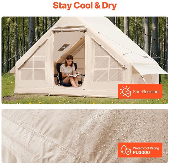Milova Kampeertent - Glamping tent - Opblaasbare tent - Waterdicht - 3x3.1m - Camping - Kamperen - Outdoor - Beige - Incl handpomp en opbergtas - Luxe oxford tent van Merkloos — afbeelding 4