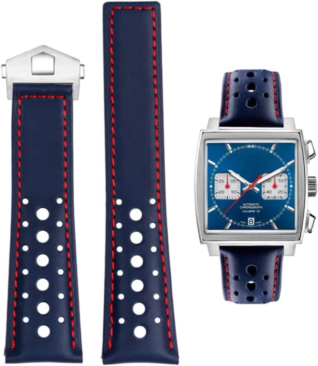 Horlogeband Leer - Vervangende Band - Dagelijks Gebruik - Echt Leer - 22mm - Blauw Zwart