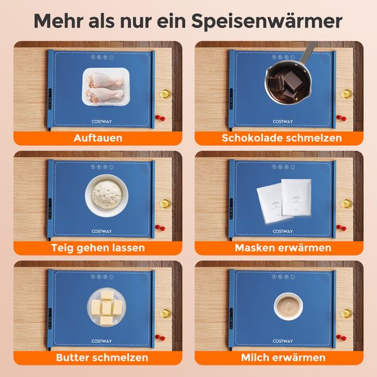 COSTWAY Elektrische warmtemat van siliconen voor levensmiddelen, oprolbare warmhoudplaat, voedselwarmer met automatische uitschakeling (3 temperatuurregeling van 60 °C - 100 °C, 1 H-4 uur timer, blauw — afbeelding 3