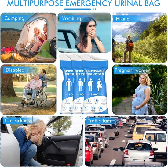 12 Plaszakken / Wegwerp Urinezakken 800 ml - Noodtoilet voor Auto, Camping & Reizen - Lekvrij & Absorberend — afbeelding 5