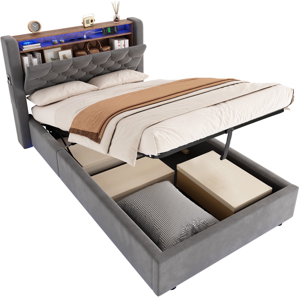 REDOM Eenpersoonsbed 90x200 cm – LED bed met USB en stopcontact – Hydraulische opbergruimte onder bed – Fluweel – Grijs