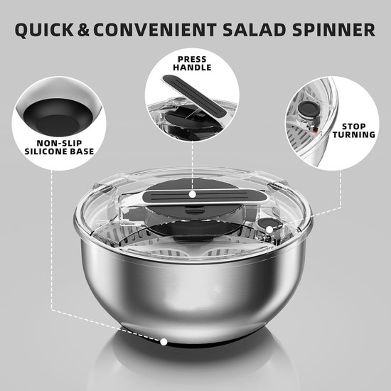 Slacentrifuge RVS - Groentedroger Kom - Salade Drogen - Antislip Basis - 45 Liter - Zilver van Merkloos — afbeelding 3