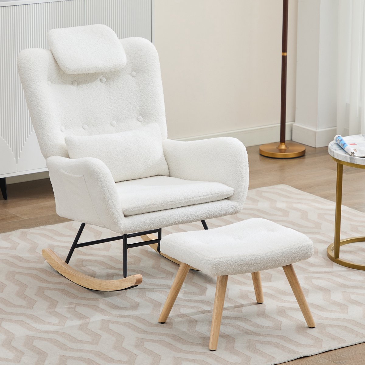 MODFU - Schommelstoel 73x92x102 cm met hocker en opbergvak - Comfortabel en ergonomisch - Modern design - Voor woonkamer of balkon - Teddystof - Wit