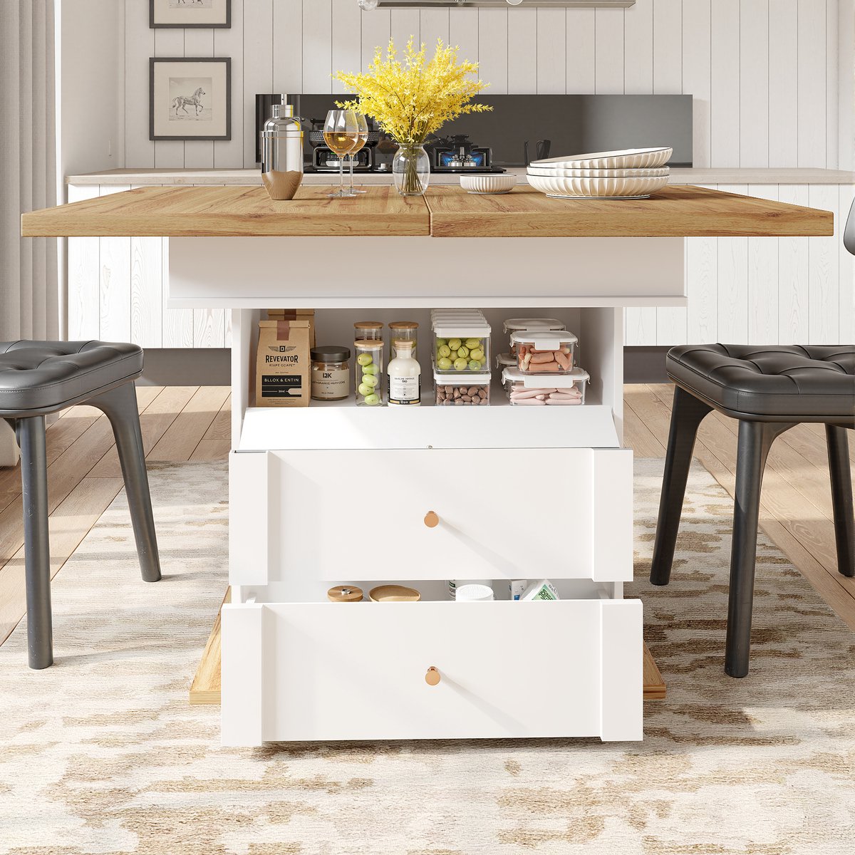 MODFU Uitschuifbare Eettafel - Met Verborgen Opbergruimte En Magnetische Klapdeur - MDF En Metaal - 110-140 x 80 x 75 cm Natuurlijk+Wit