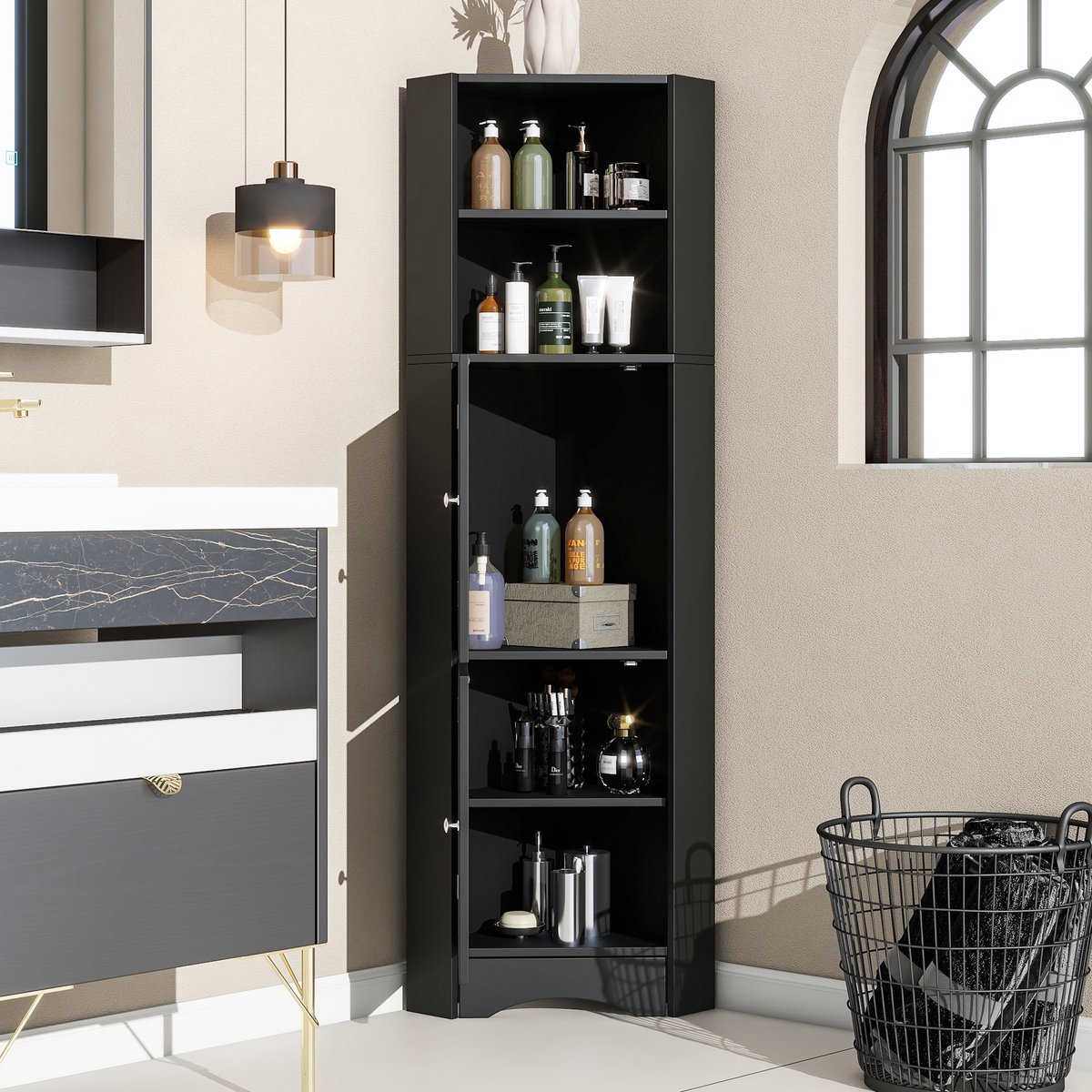 STILVORA Badkamerkast - Hoekkast Met Verstelbare Plank En Deur - Voor Badkamer En Hal - Spaanplaat - 36,5x36,5x155 Cm - Zwart