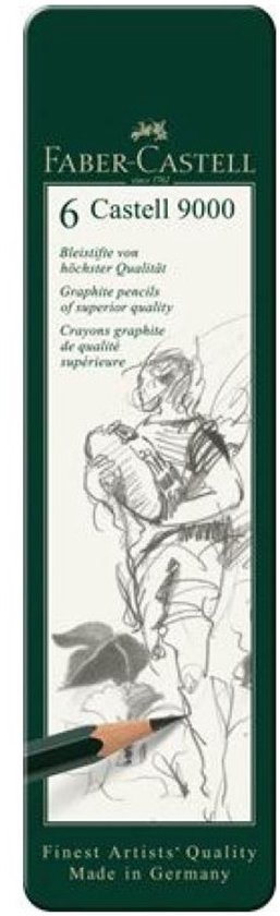 Boîte Faber-Castell contenant 6 crayons Castell 9000, gradations HB à 8B.