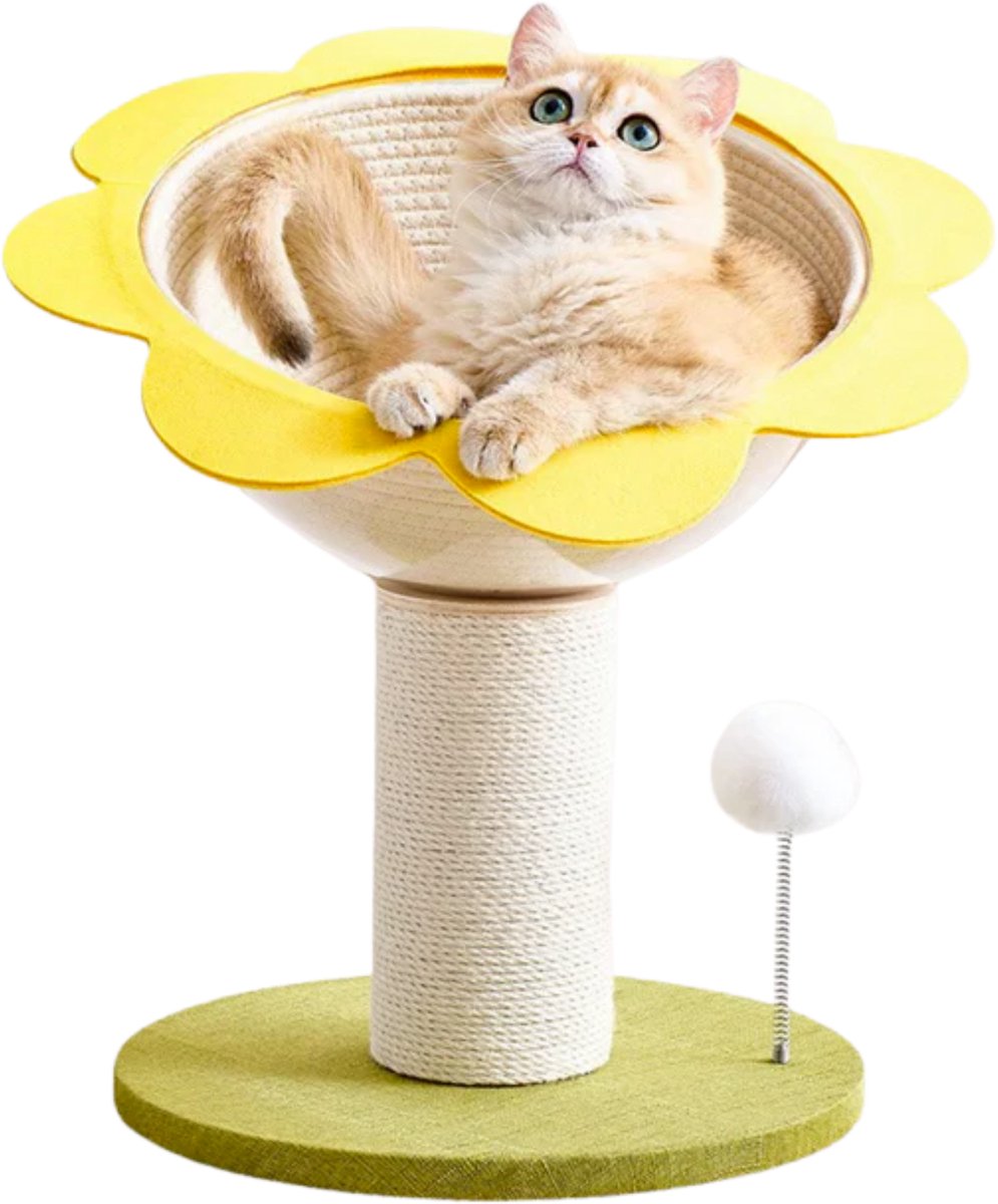 EcoPawPaw Kattenkrabpaal - 2-in-1 Kattenbed met Krabpaal - Verwisselbare Capsule - Zonnebloem Kattenmand - Geel