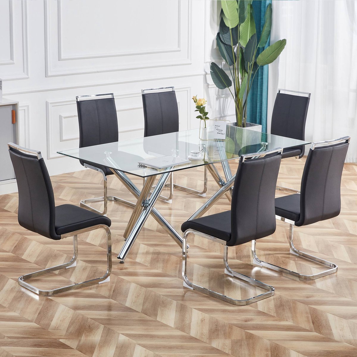 REDOM - Stoelen Set Van 4 - Sledeframe - Ergonomisch - Tijdloos - Verchroomd Metaal - Kunstleer - Zwart