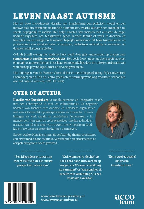 Boek 'Leven naast autisme' met de auteur Henrike van Engelenburg. Foto van de auteur boven de tekst.