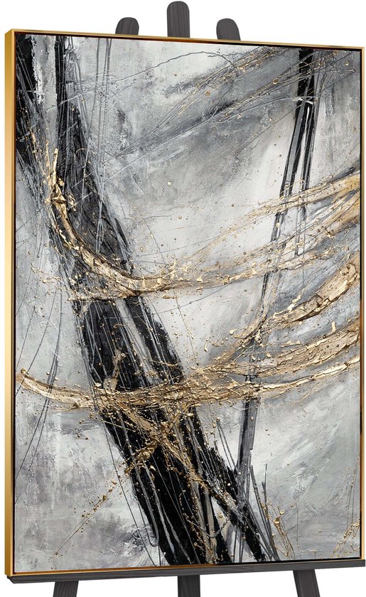 Peinture abstraite avec des lignes grises, noires et dorées, avec un cadre doré, présentée sur un chevalet.