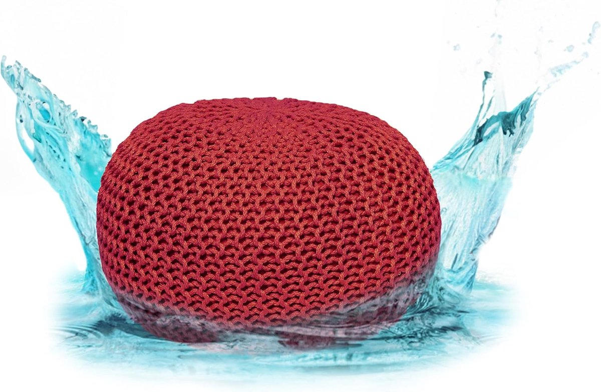 Zitpoef Gebreid - Voetenbank Kruk - Buiten Zitten - Waterdicht Grof Gebreid - Ø 55 cm - Rood