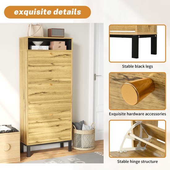 Wishdor - Schoenenkast - 3 Kleppen En Open Vakken - Japandi - Voor De Hal - MDF - Naturel - 63 X 24 X 147 Cm