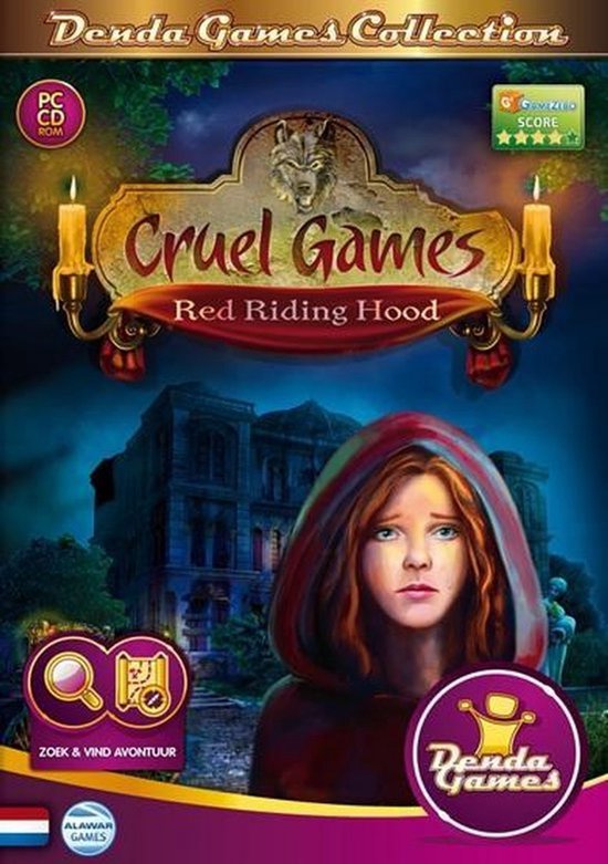 De "Cruel Games: Red Riding Hood" gamecover met een afbeelding van Roodkapje en een griezelig landhuis.