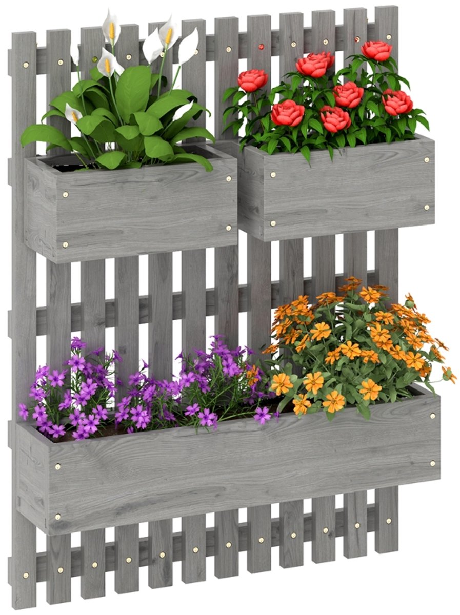 Daity Houten tuinplantenbak voor aan de muur met standaard, drainagegaten en 3 potten, geschikt voor terrassen, grijs.