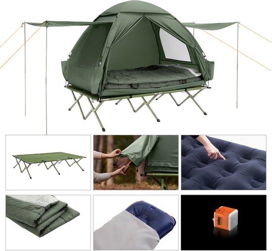 Bergson Tent - Veldbed - 4-in-1 Set - 2-Persoons - Luchtbed - Slaapzak - Waterdicht 1000 mm - Tot 300 kg - Grijs van Merkloos — afbeelding 4
