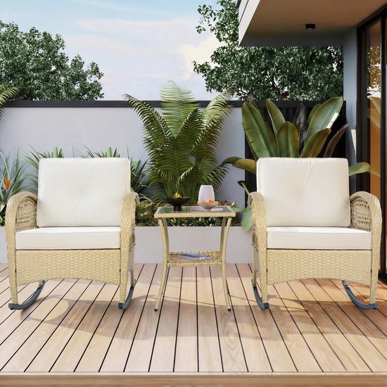 Ensemble 3 pièces - ensemble de meubles de balcon en rotin - chaise berçante de balcon avec kussen beige
