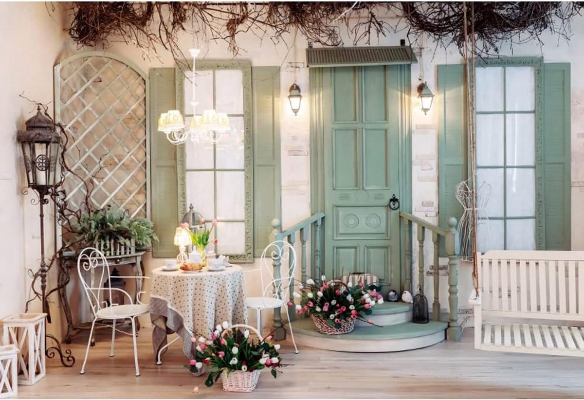Fotografie Achtergrond 3x2m Tuin met Houten Deur, Venster en Bloemdecoratie