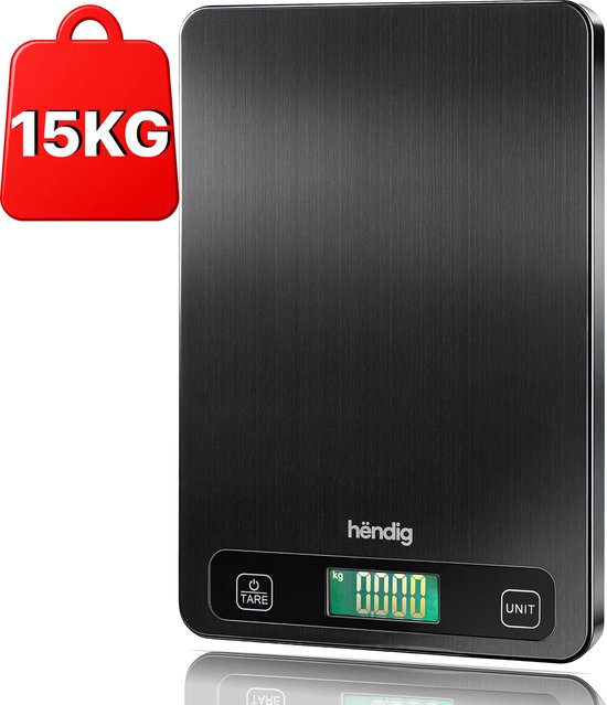 Hëndig Keukenweegschaal Digitaal - Weegschaal Keuken - Precisie Weegschaal - Keuken Weegschaal - Weegschaalkeuken - 1 gram - 15 kg - Tarra functie - Incl. Batterijen - Antraciet