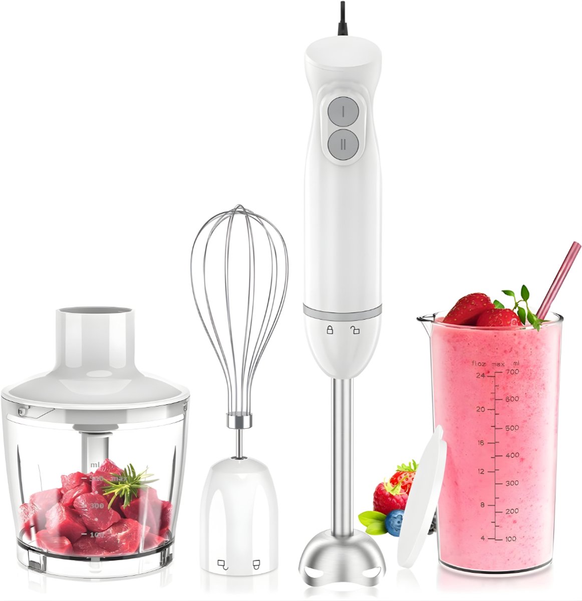 DnA® Staafmixerset 4-in-1 - Staafmixers - Multi-speed Emulsieblender met Hakmolen - Wit - 15cm x 25cm x 26cm