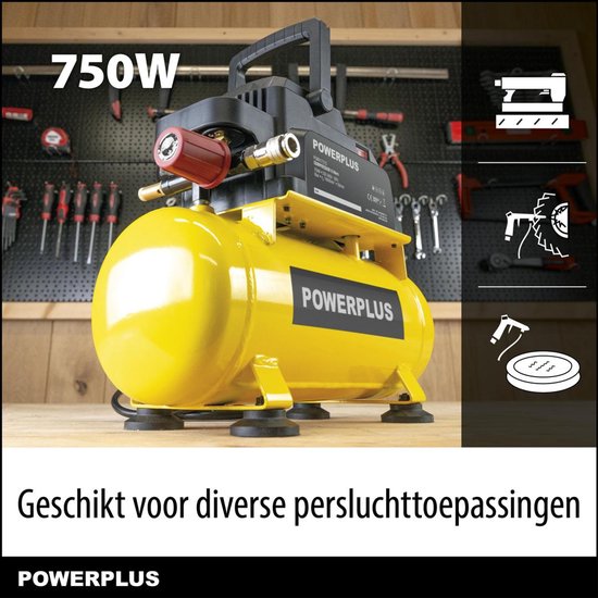 Gele Powerplus compressor met een rode drukregelaar en 750W vermogen. Geschikt voor diverse persluchttpastoepassingen.