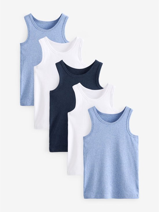 Vijf tanktops in lichtblauw, wit en donkerblauw. Gemaakt van een zachte jersey stof.