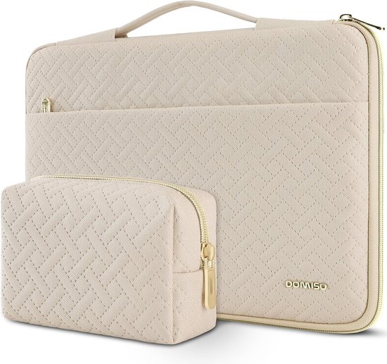 Laptophoes 14 inch waterdicht – Universele laptoptas en beschermhoes voor notebook, PC, HP, Dell, Lenovo ThinkPad, Samsung, Chromebook – beige sleeve / aktetas met accessoirevak