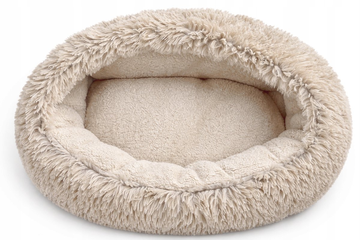Honden- en kattenbed 100 cm, warm rond slaapzak met shaggy boucle stof, comfortabel mandje voor huisdieren, ideale bed voor katten en honden, beige