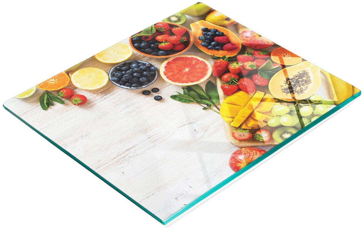 Duurzame en stijlvolle snijplank van gehard glas met fruitmotief, 60x52 cm
