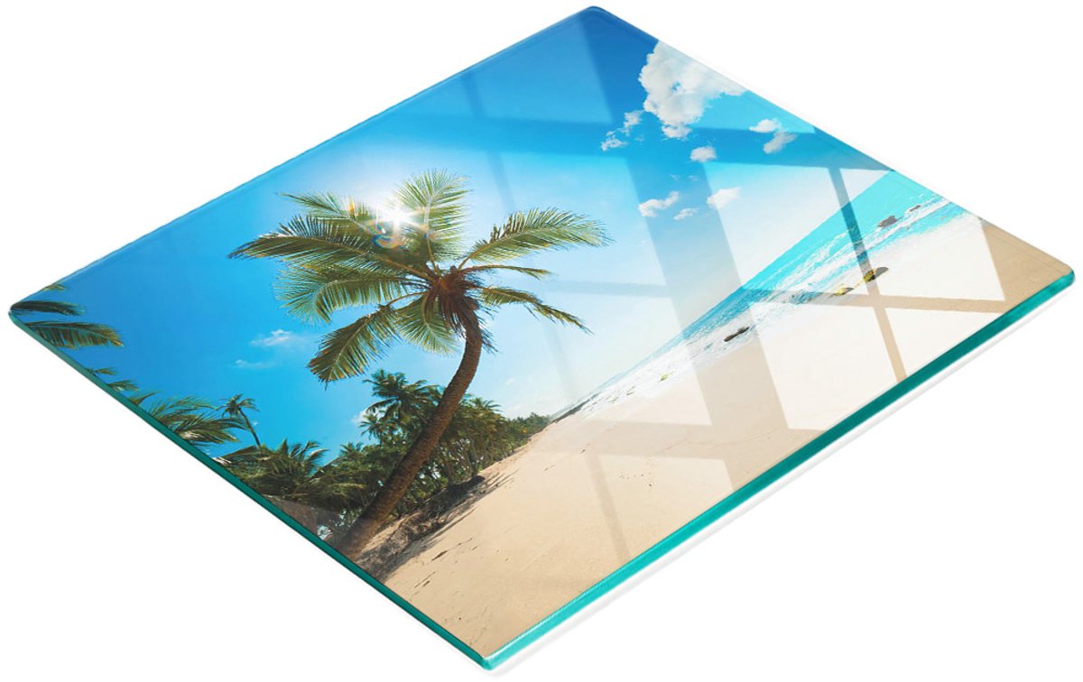 Decoratieve glazen snij- en serveerplank met tropisch strandmotief, 60x52 cm