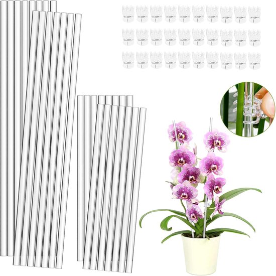 Doorzichtige acryl plantenstokken, 30 stuks, en 30 plantenclips, worden getoond, met een close-up van een hand die een orchidee aan een stok bevestigt.