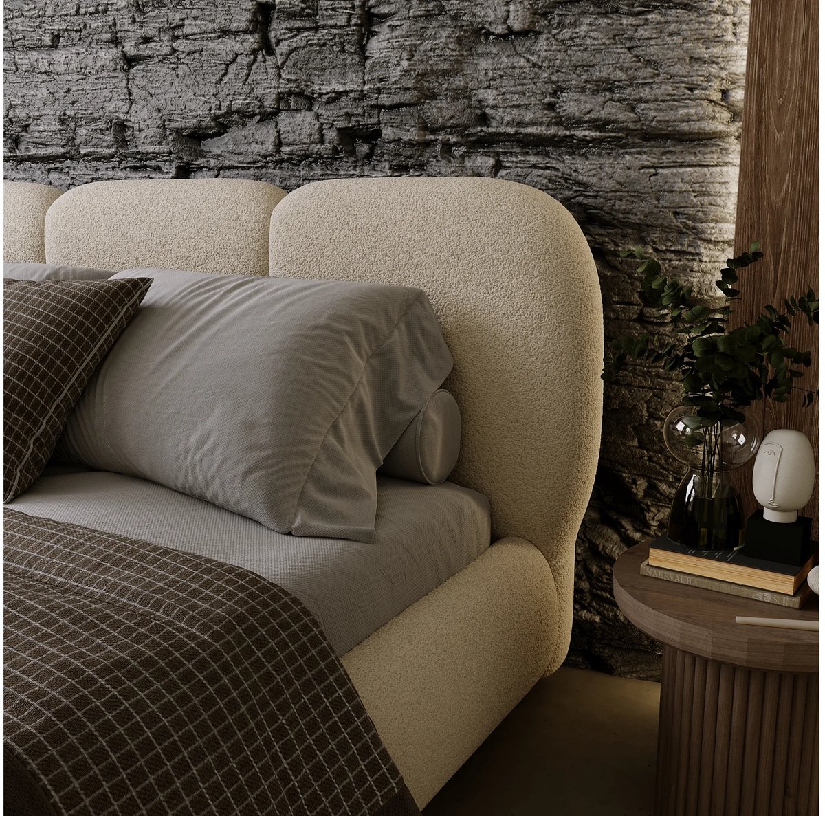 Gestoffeerd Tweepersoonsbed 200x200 cm met Opbergruimte en Houten Lattenbodem – Luxe Bouclé Teddy Design Hoofdbord – Beige – Modern Slim-Constructie – Laura