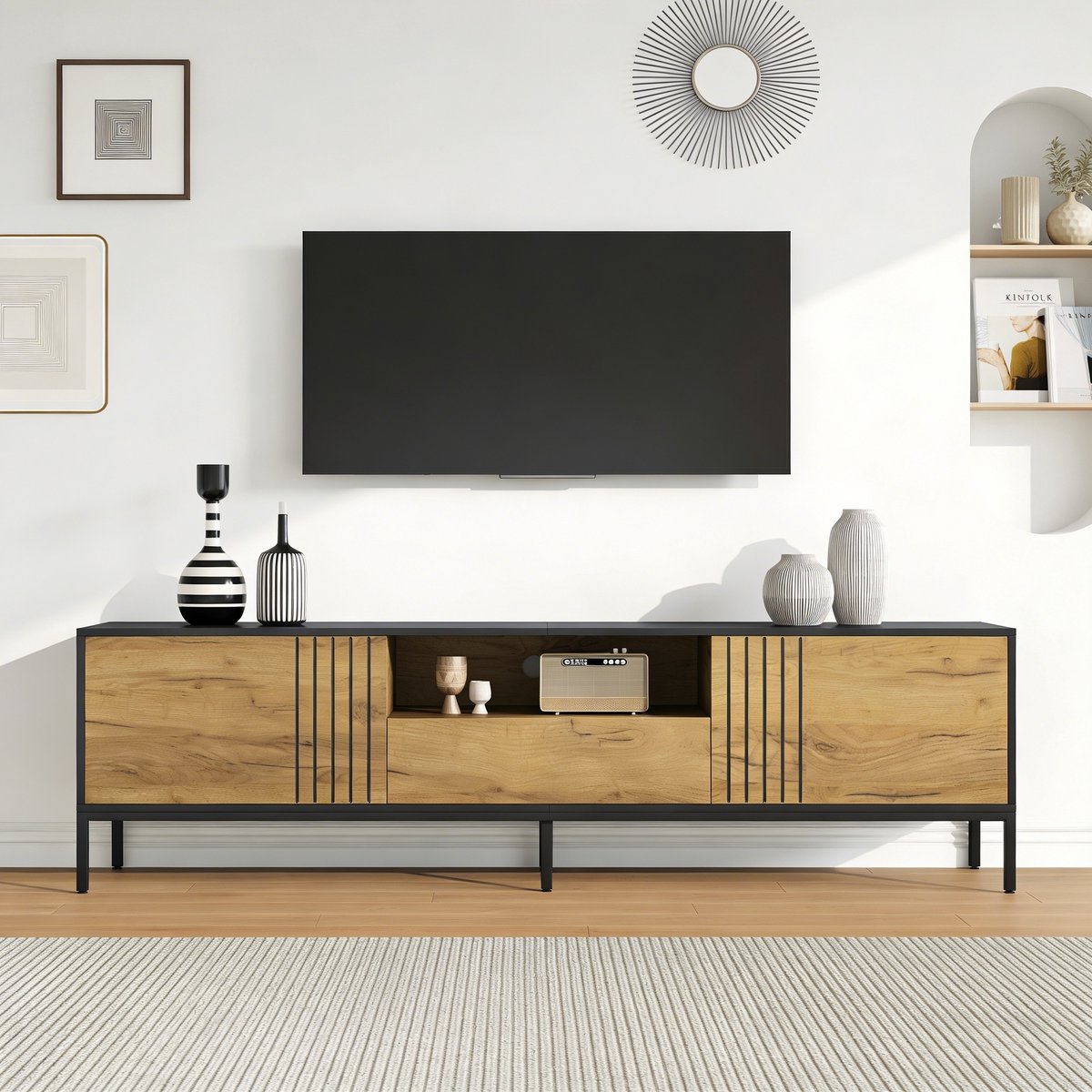 MODFU TV-Meubel - 2 Deuren En 1 Lade - Modern - Woonkamer - Spaanplaat - Eikenkleur - 170 X 35 X 50 Cm