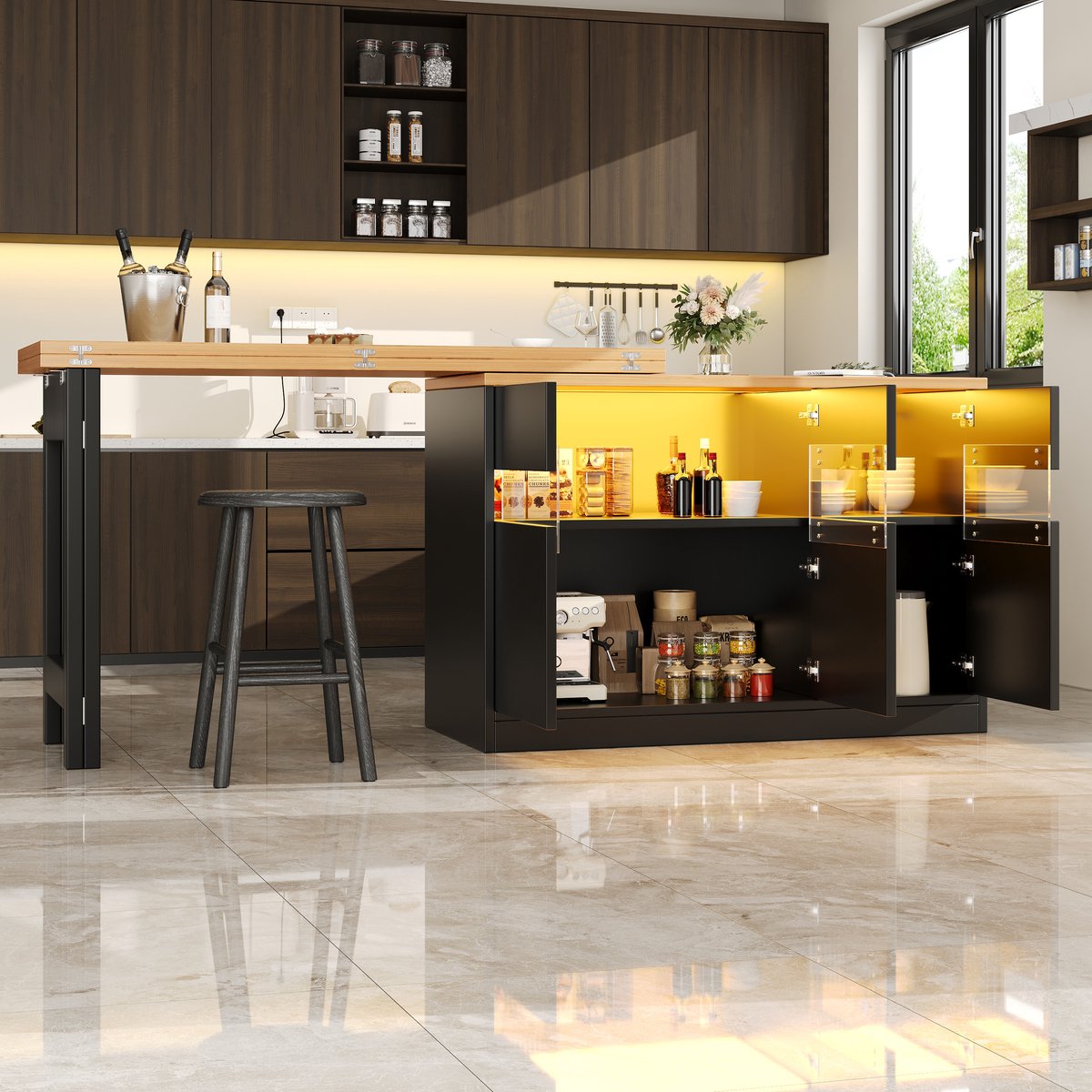 MODFU - Uitschuifbare Bartafel - Met Ledverlichting En Draaibaar - Modern - Voor Woonkamer - Zwart/Naturel - 120-180 X 40 X 71,5 Cm