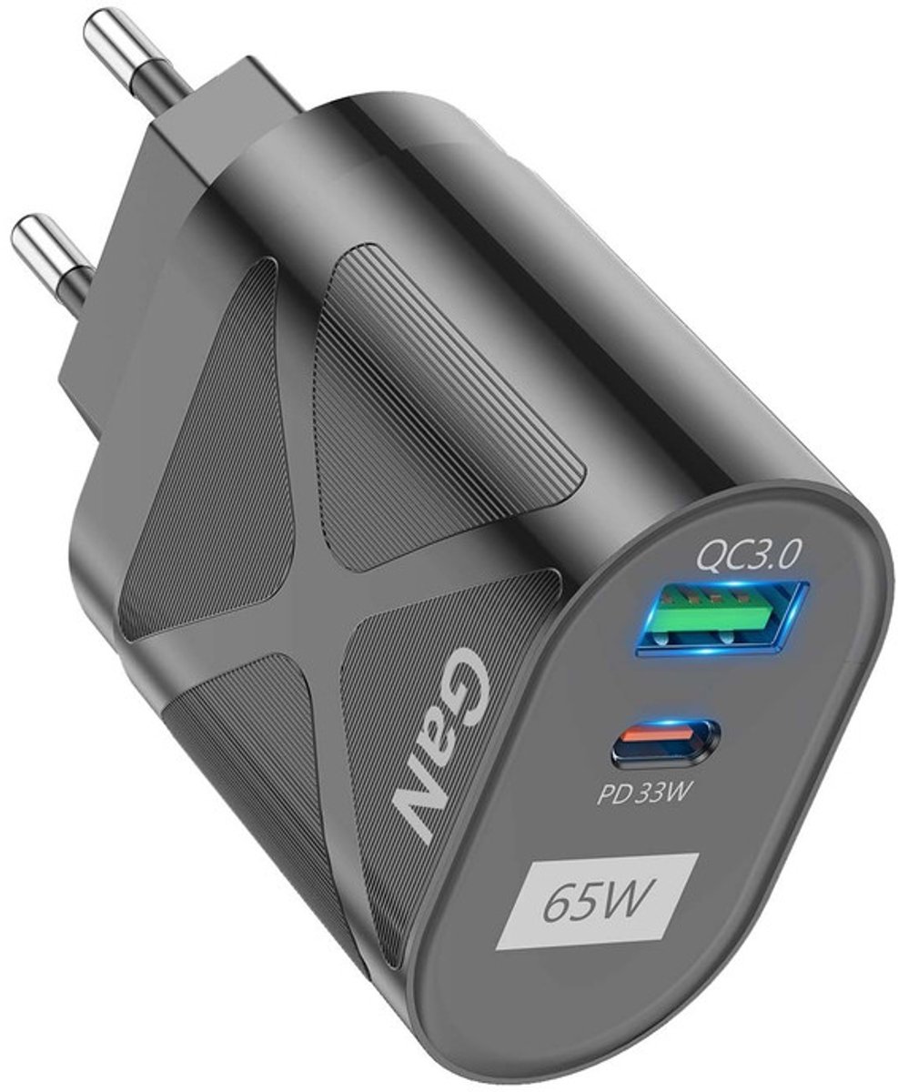 65W GaN Snellader - USB-C PD 33W + USB-A QC 3.0 - Quick charge oplader adapter - Geschikt voor Laptop, Telefoon en Tablet - zwart