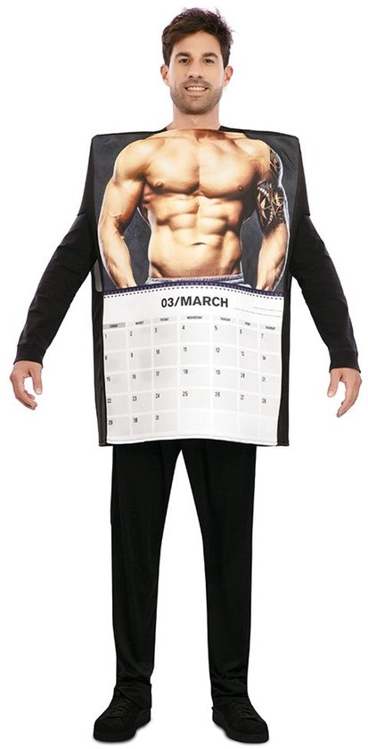 Herenkostuum met opdruk van een gespierde man en een kalenderpagina voor maart. De tekst '03/MARCH' staat op de kalender.