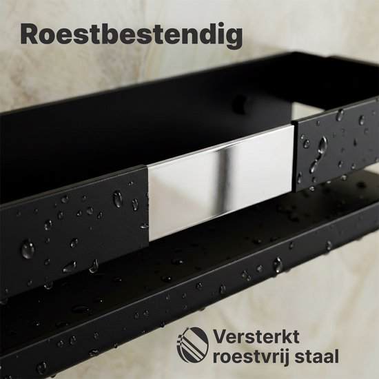 Zwart doucherekje met waterdruppels en tekst 'Versterkt roestvrij staal'.