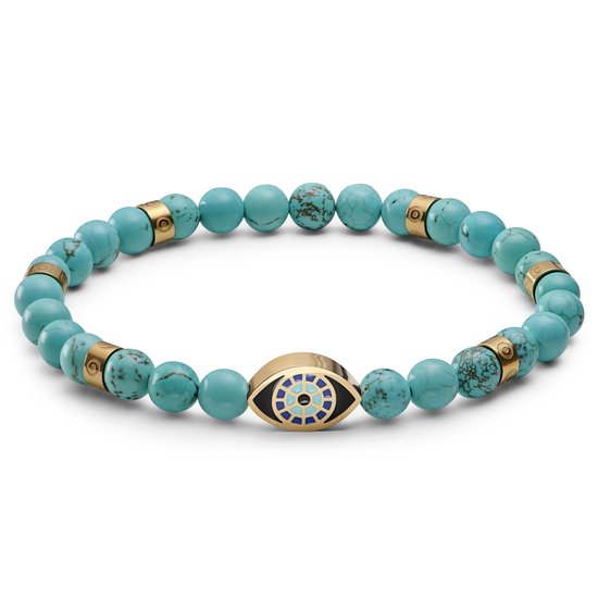 Bracelet en perles turquoise avec breloque œil doré, détails dorés et cordon élastique.