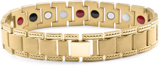 Goudkleurige schakelarmband met afwisselend vlakke schakels en schakels met rode, witte en zwarte cirkels.
