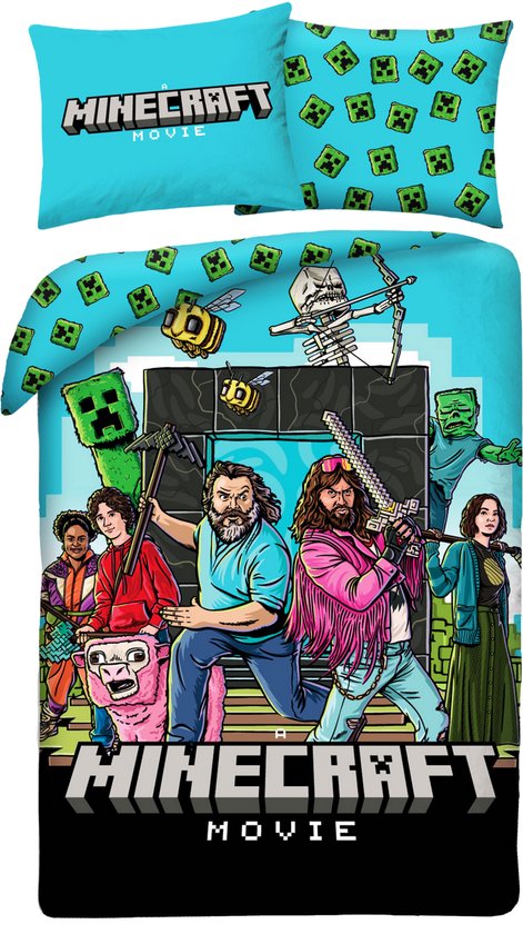 Dekbedovertrek met "Minecraft Movie" opdruk in helderblauw met personages, Creepers, bijen en een skelet. Kussensloop met "Minecraft Movie" logo en Creepers.