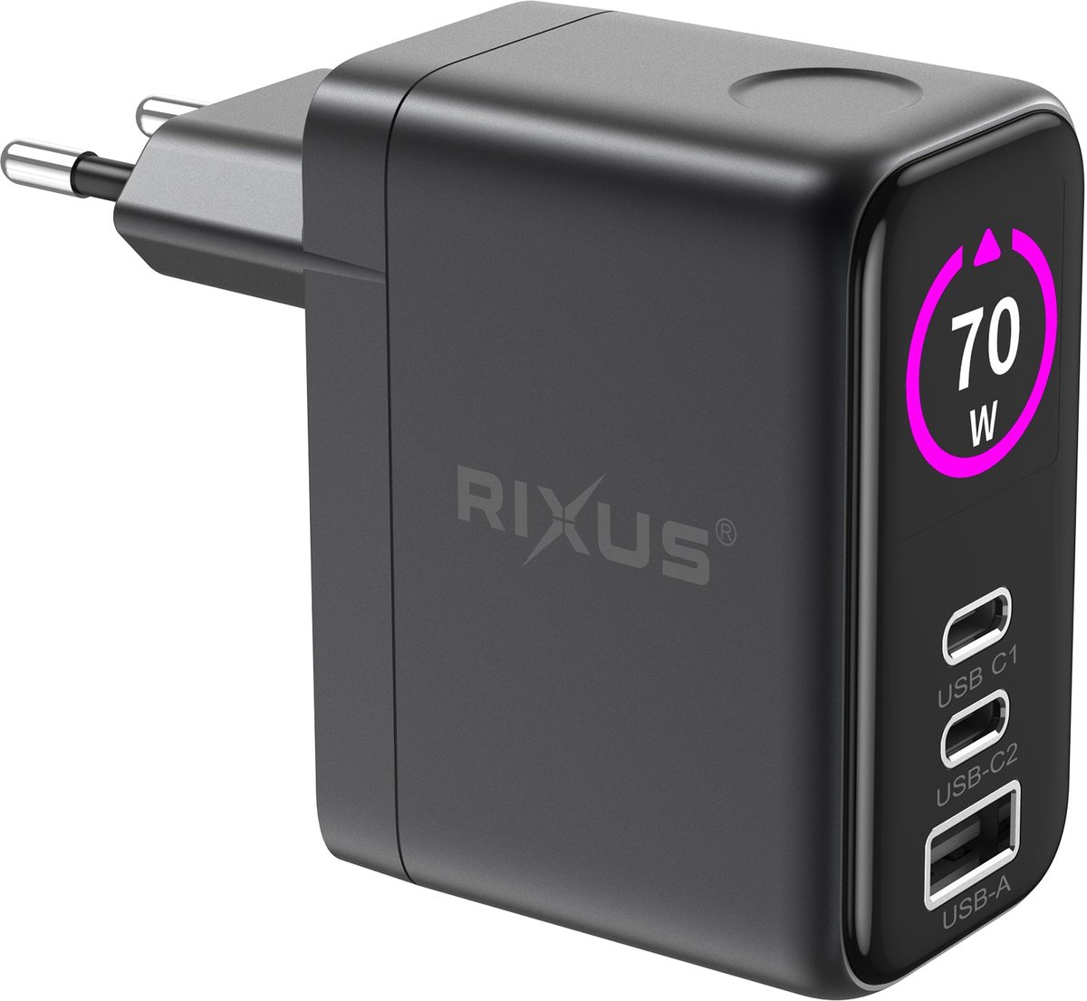 Rixus RXHC50 GaN Power Adapter With TFT Screen 70W Space Grey