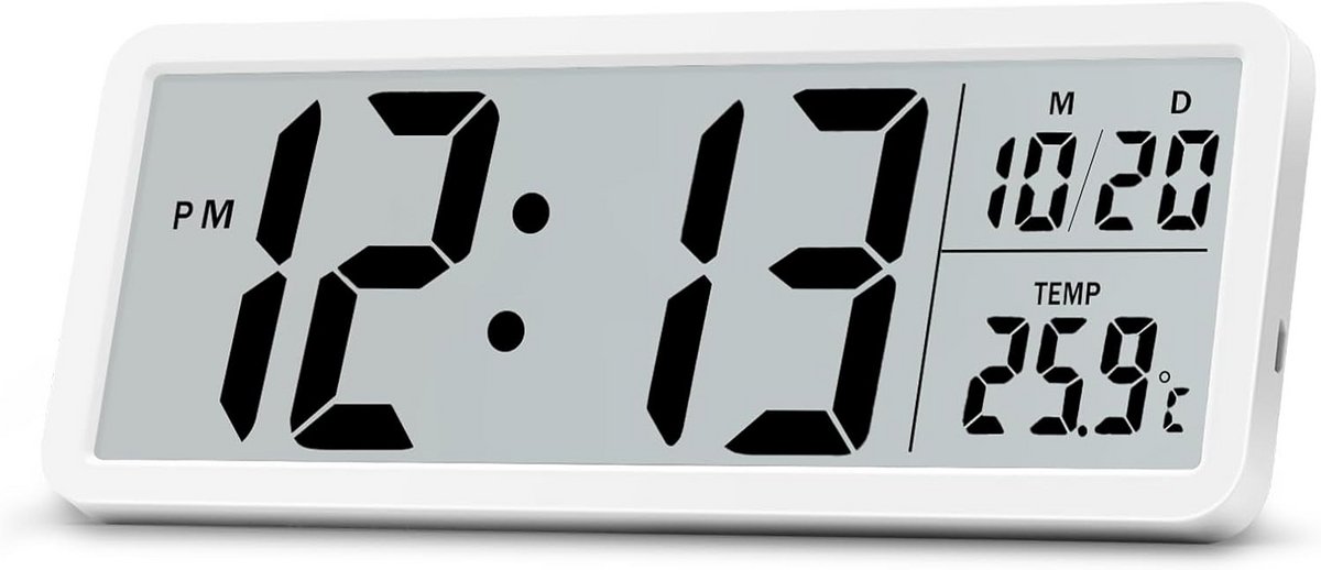Digitale Wandklok met LCD Scherm voor Datum en Temperatuur, Wit