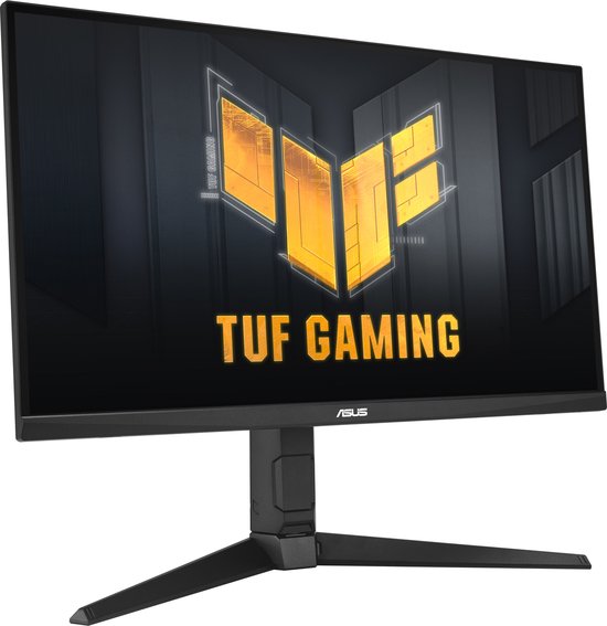 Een zwarte ASUS TUF Gaming monitor met het TUF Gaming logo op het scherm.